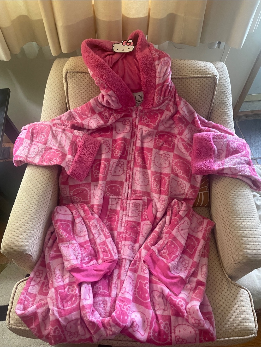 NWT Hello Kitty Hot Pink Checkered Hooded Fleece Women’s Onesie.